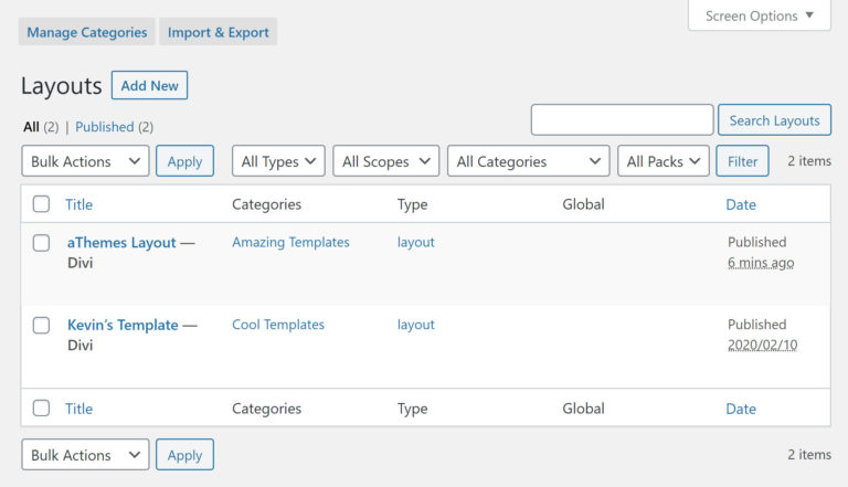 Divi Builder Saved Layouts