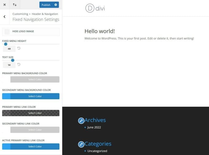 Divi fixed navigation settings