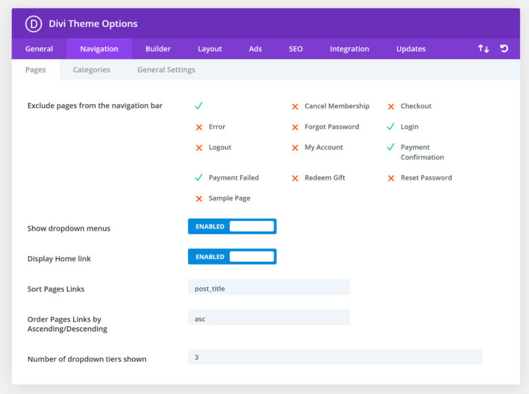 Navigation Divi Theme Options