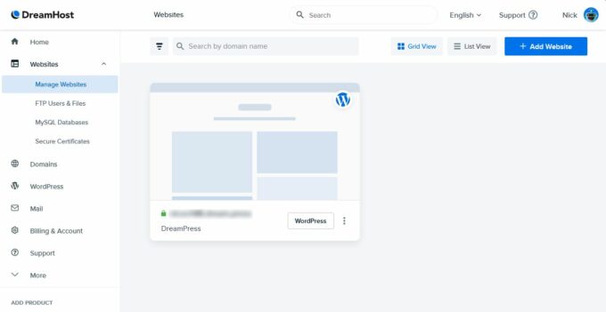 DreamHost user interface