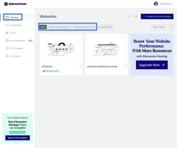 The Elementor Hosting dashboard