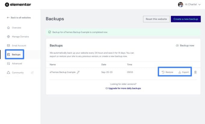 Elementor Hosting backup area, an annotated screenshot