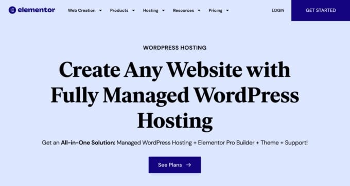 Elementor Hosting, a screenshot of the landing page