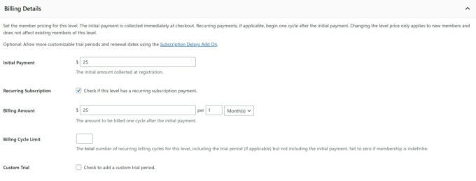 Paid Memberships Pro billing details