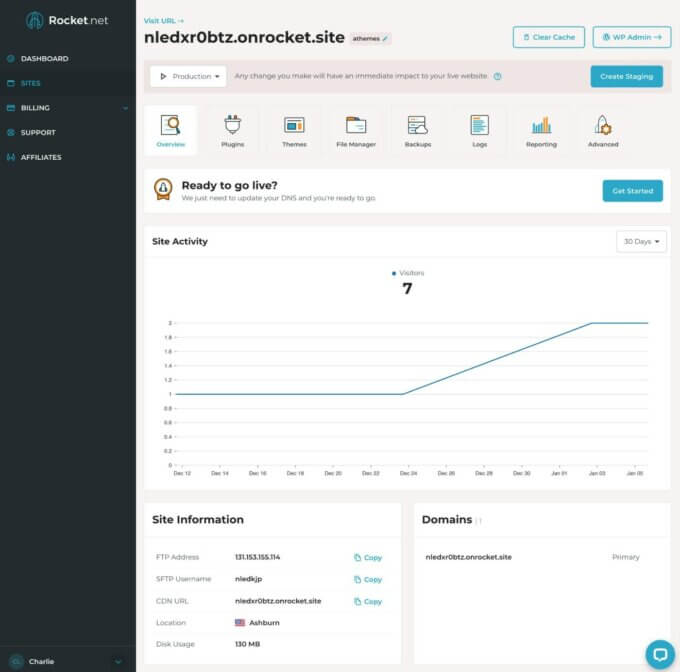 Rocket.net site dashboard