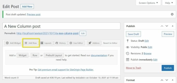 SiteOrigin add row feature