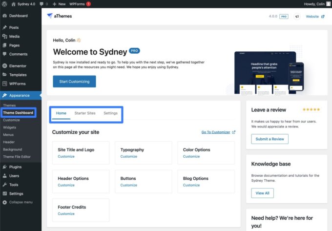 Sydney theme dashboard redesign