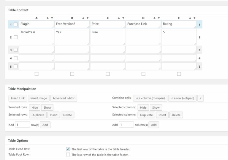 TablePress interface