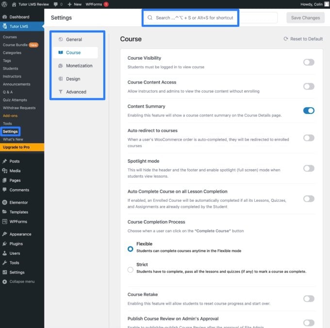 Tutor LMS settings area