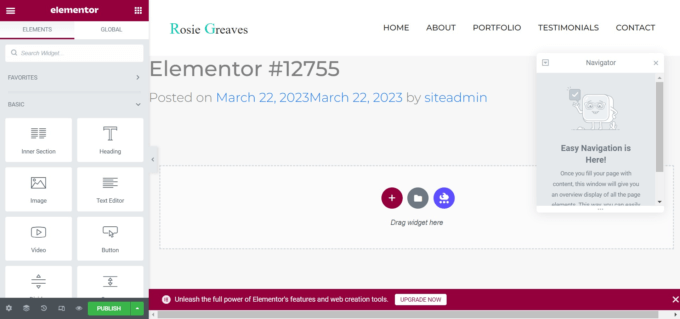 Elementor user interface, screenshot