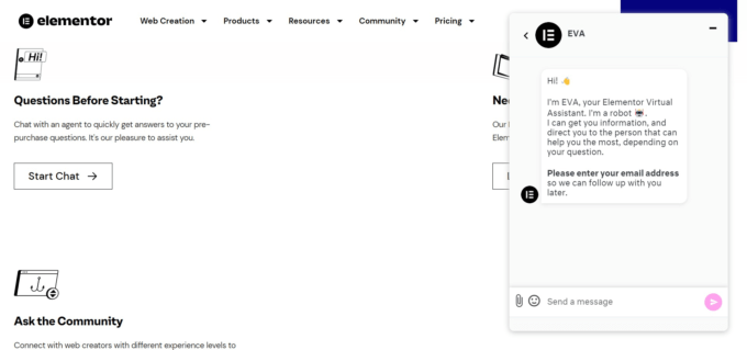 Elementor customer support chat, screenshot