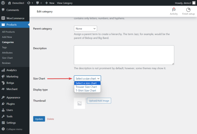 Adding a size chart to a product category