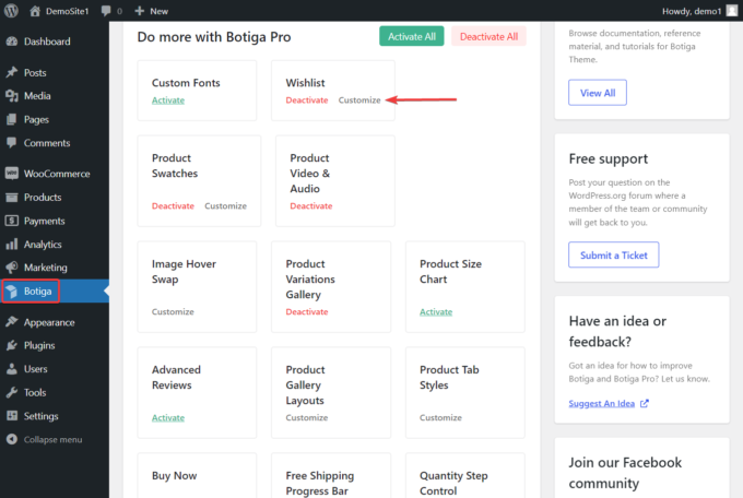 Location of the Wishlist module on the Botiga dashboard