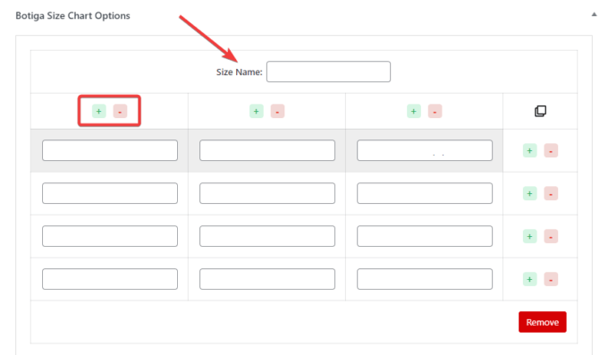 Botiga Size Chart Options under the WordPress post editor