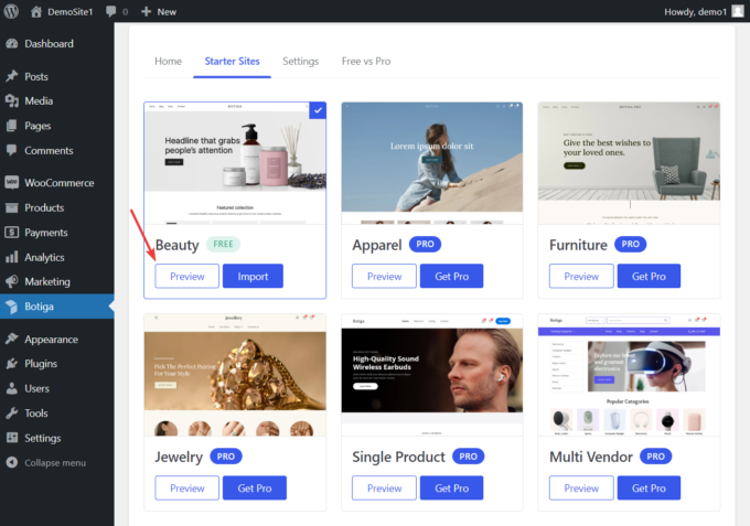 Botiga starter sites in the WordPress admin area