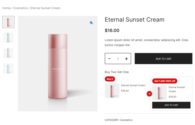 Frontend view of a buy two get one free offer on a WooCommerce product page, offering the same product for free