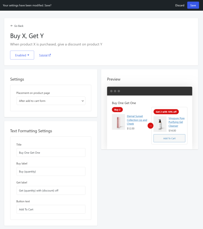 Settings and Text Formatting Settings of the Buy X, Get Y module of Merchant Pro