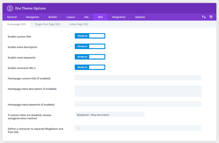 Divi Theme SEO Options