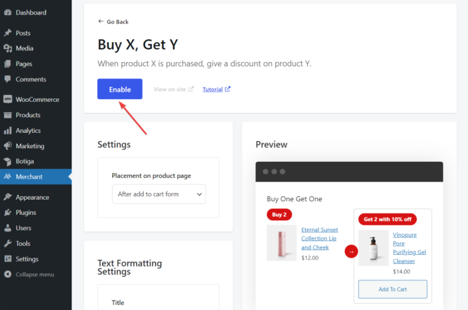 Enable the Buy X Get Y module of the Merchant Pro plugin