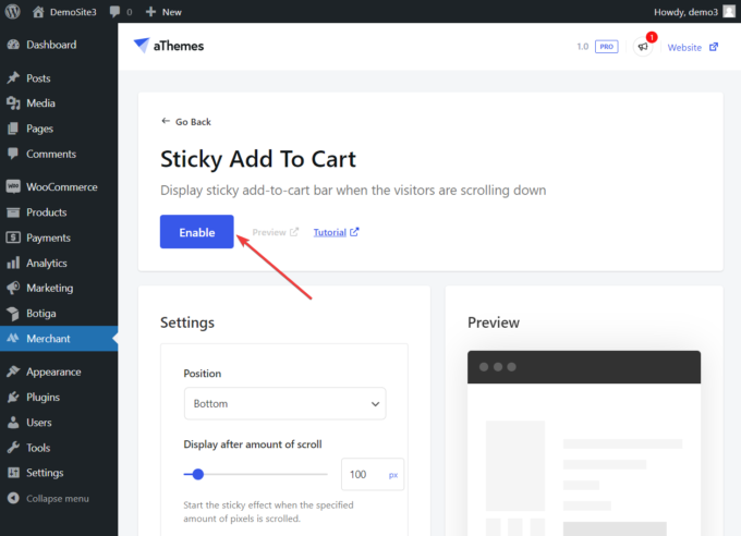 enabling sticky add to cart button merchant plugin