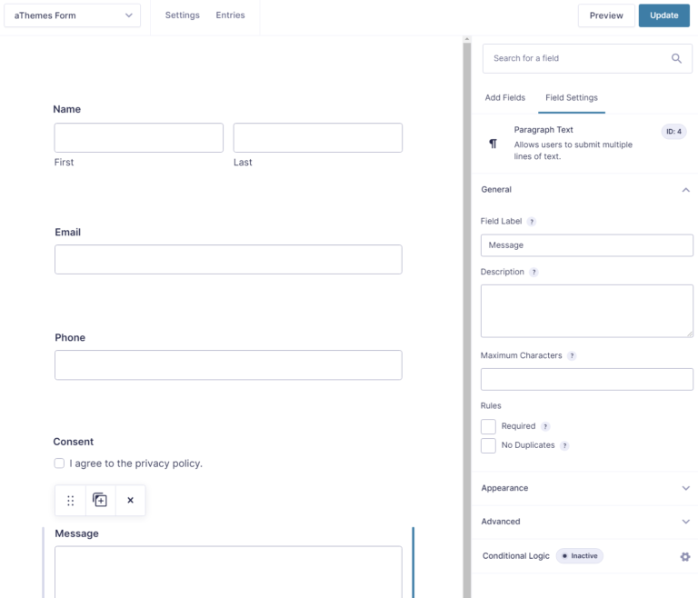 Gravity Forms field settings