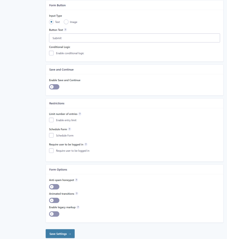 Gravity Forms settings