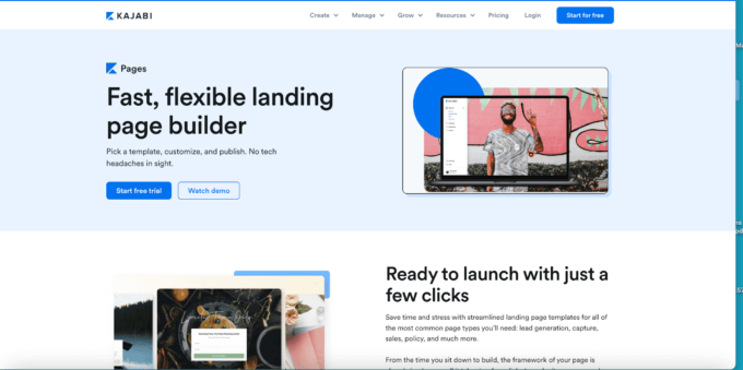 Kajabi's page builder, a screenshot of the feature's landing page