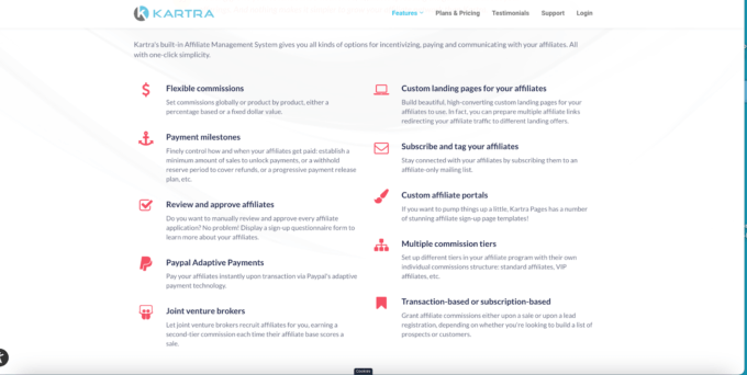 Kartra's affiliate marketing features, a screenshot of the feature's landing page