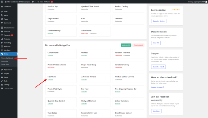 Size Chart module on the Botiga dashboard