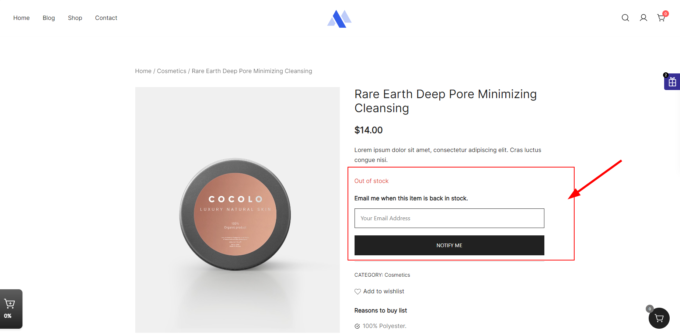 Frontend view of Notify When Back in Stock on WooCommerce product page, added with Merchant Pro