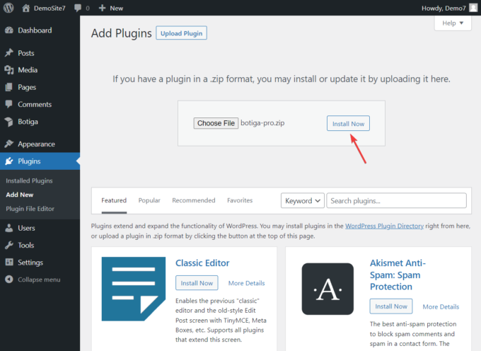 Screenshot of the Add Plugins page, showing how to upload and install the Botiga Pro plugin