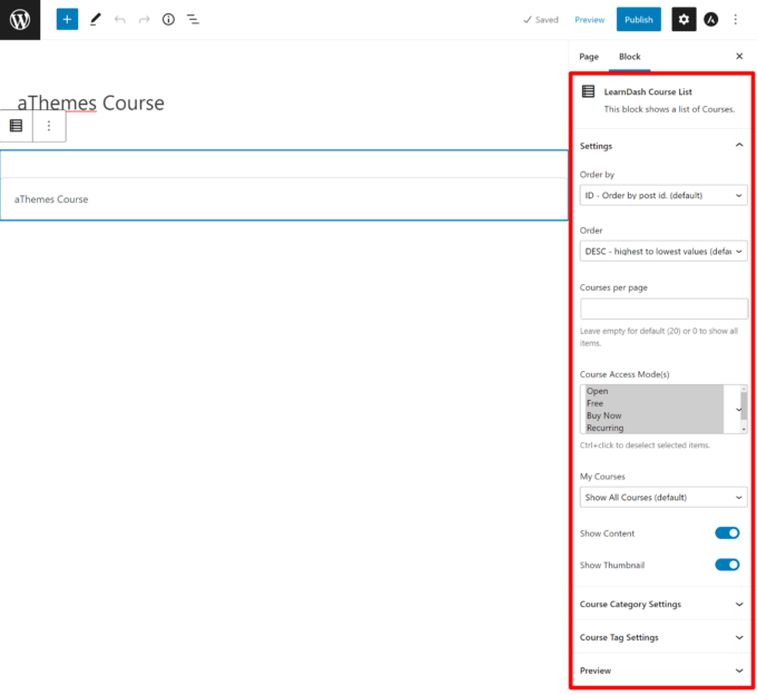 LearnDash Course List block settings