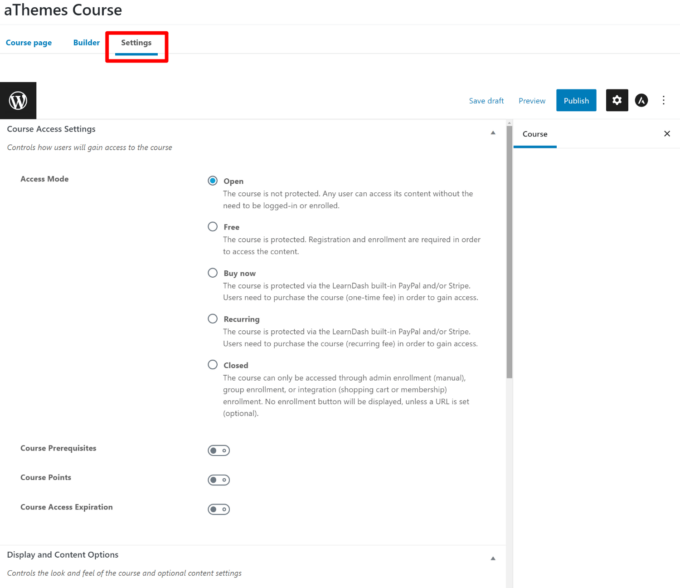 Course settings in LearnDash