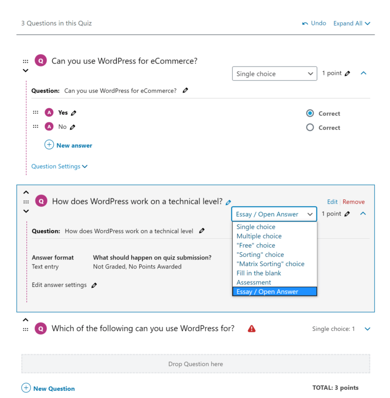 LearnDash quiz settings