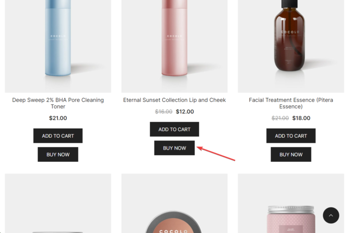 Merchant's Buy Now buttons, frontend view on a WooCommerce shop page