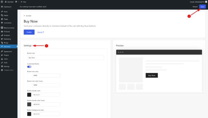 Merchant's Buy Now module, Settings section