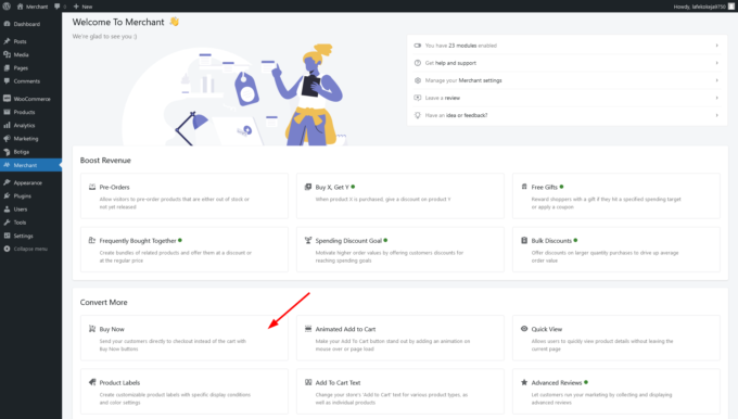 Location of the Buy Now module in the Merchant dashboard