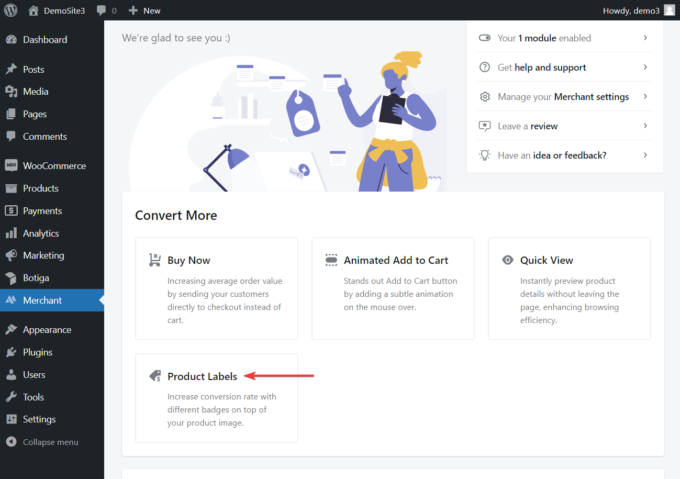 Location of Merchant's Product Labels module in the WordPress admin area, annotated screenshot