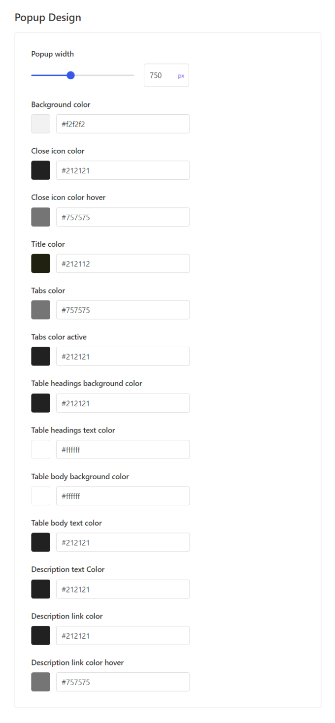 merchant size chart popup design