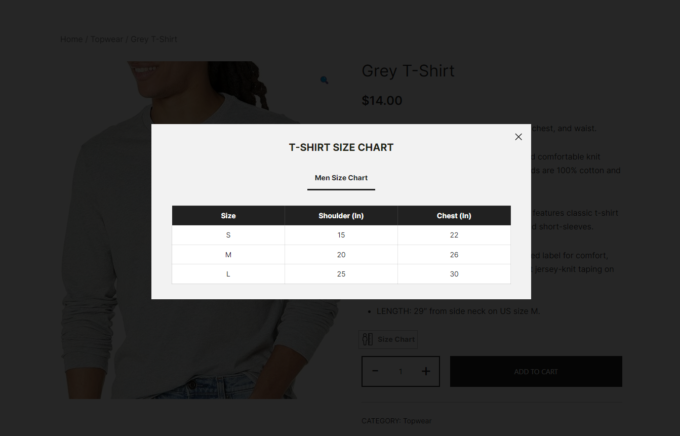 Merchant size chart popup on a product page