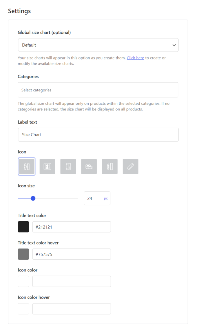 merchant size chart settings