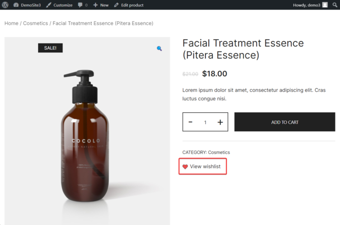 Location of the View wishlist option on a WooCommerce product page
