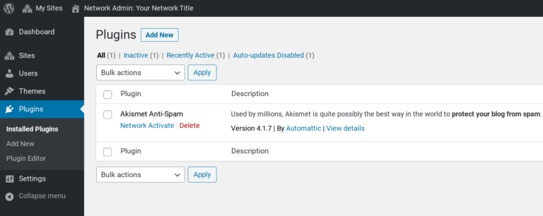 The WordPress Multisite admin plugins page.