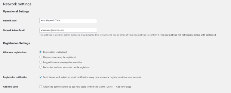 The WordPress Multisite network registration settings.