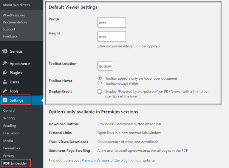 PDF Embedder Settings