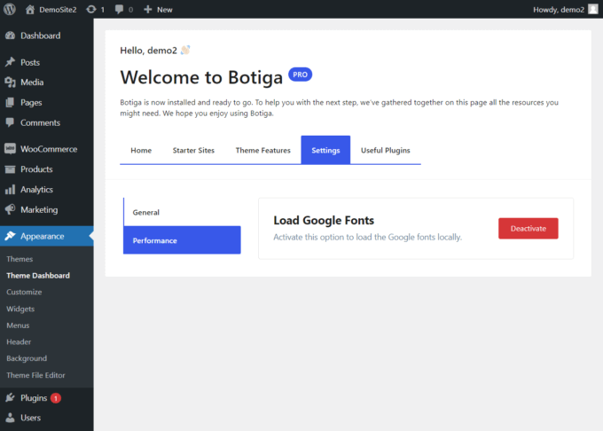 Performance tab on Botiga's theme dashboard