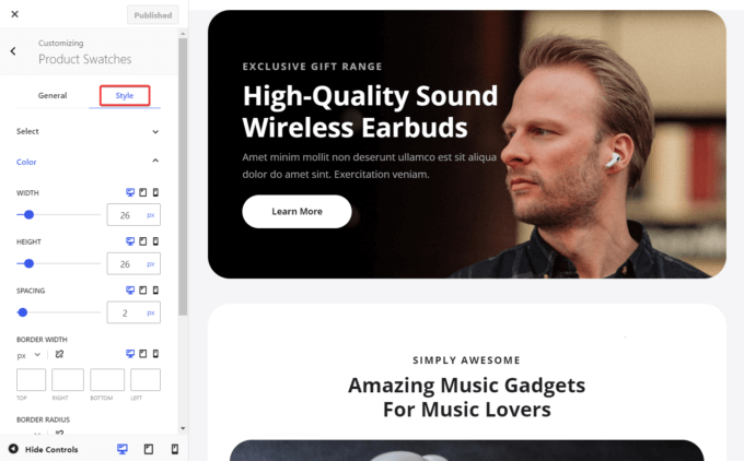 Product swatch styling options in the WordPress Customizer