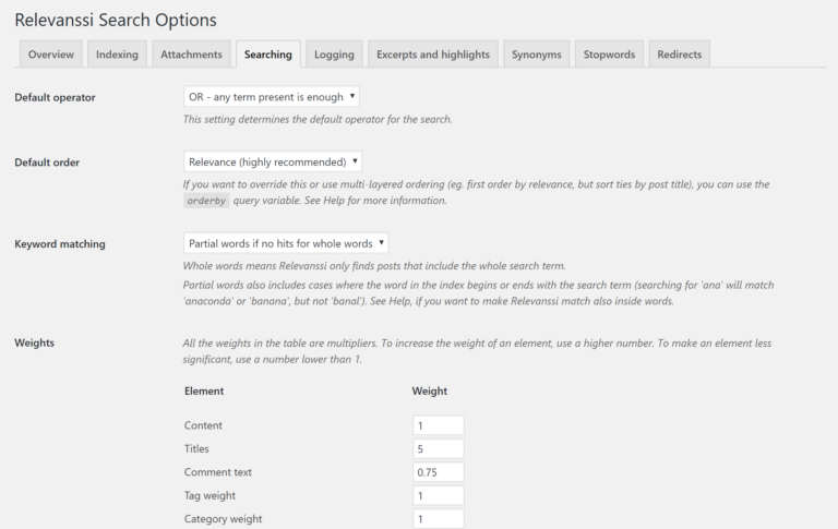 Relevanssi settings