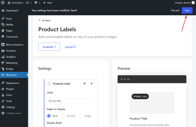 save settings product label module merchant plugin