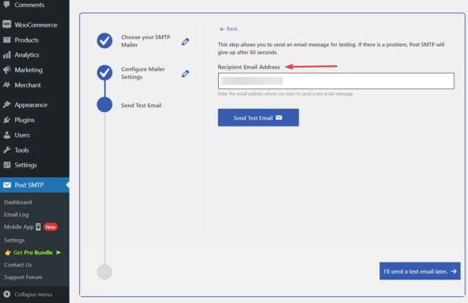 Recipient Email Address field of the Post SMTP plugin